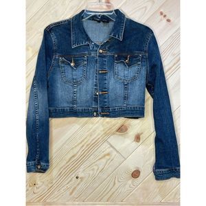 Mixit Womens Jean Jacket Crop Stretch Denim Button Up Pocket Blue Petite Large
